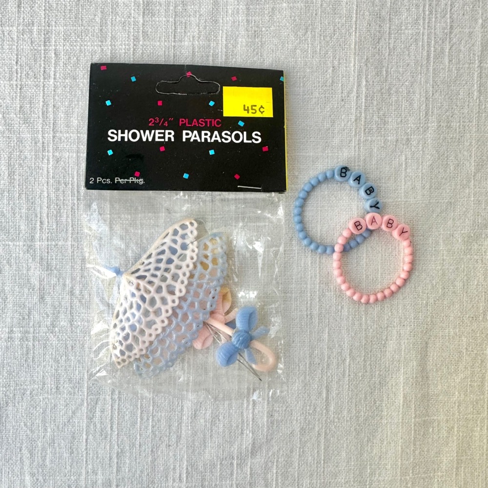 Vintage Baby Shower Parasols 2.75in Pink Blue Plastic Umbrellas NOS 2 Pcs PFV141